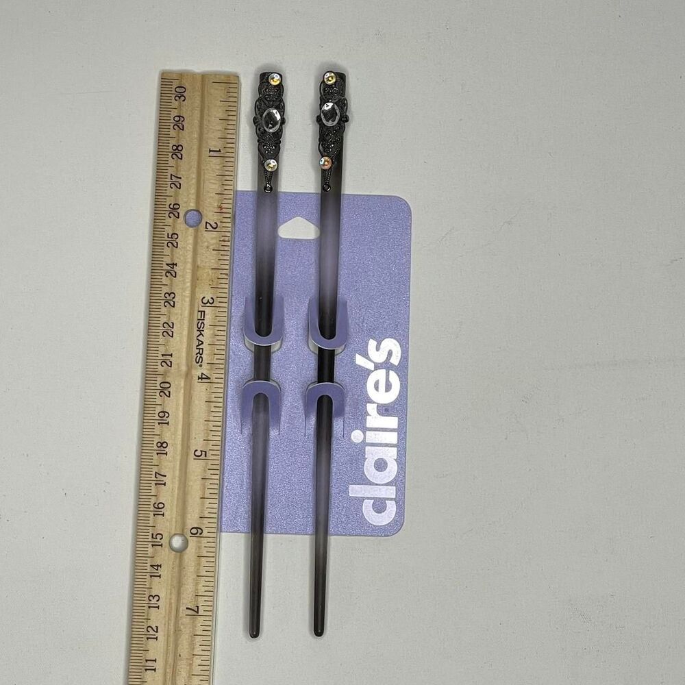Y2K Claire's Black Silver Hair Chopsticks Accessories Fairy Goth Prom Deadstock - Picture 6 of 7